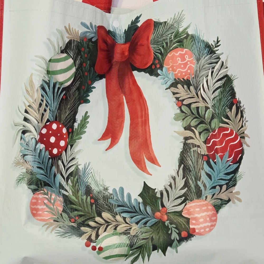 Christmas Wreath Ribbon Bow Greenery Balls Ornaments TJMaxx Tote Bag Gift - Picture 3 of 4